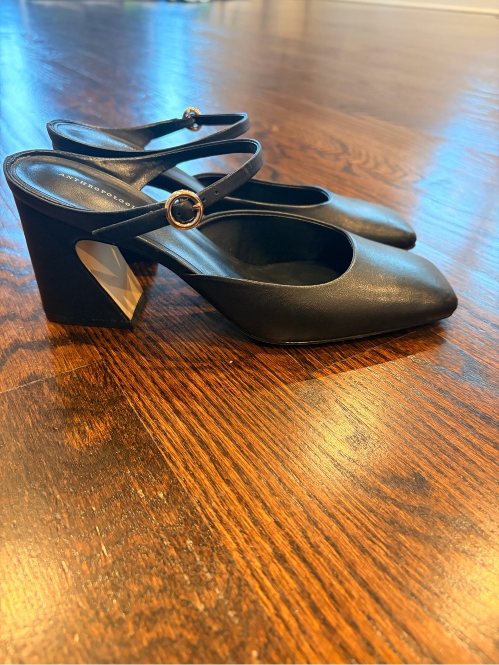 Anthropologie Black Mary Jane Block Heel Pumps with Gold Buckle